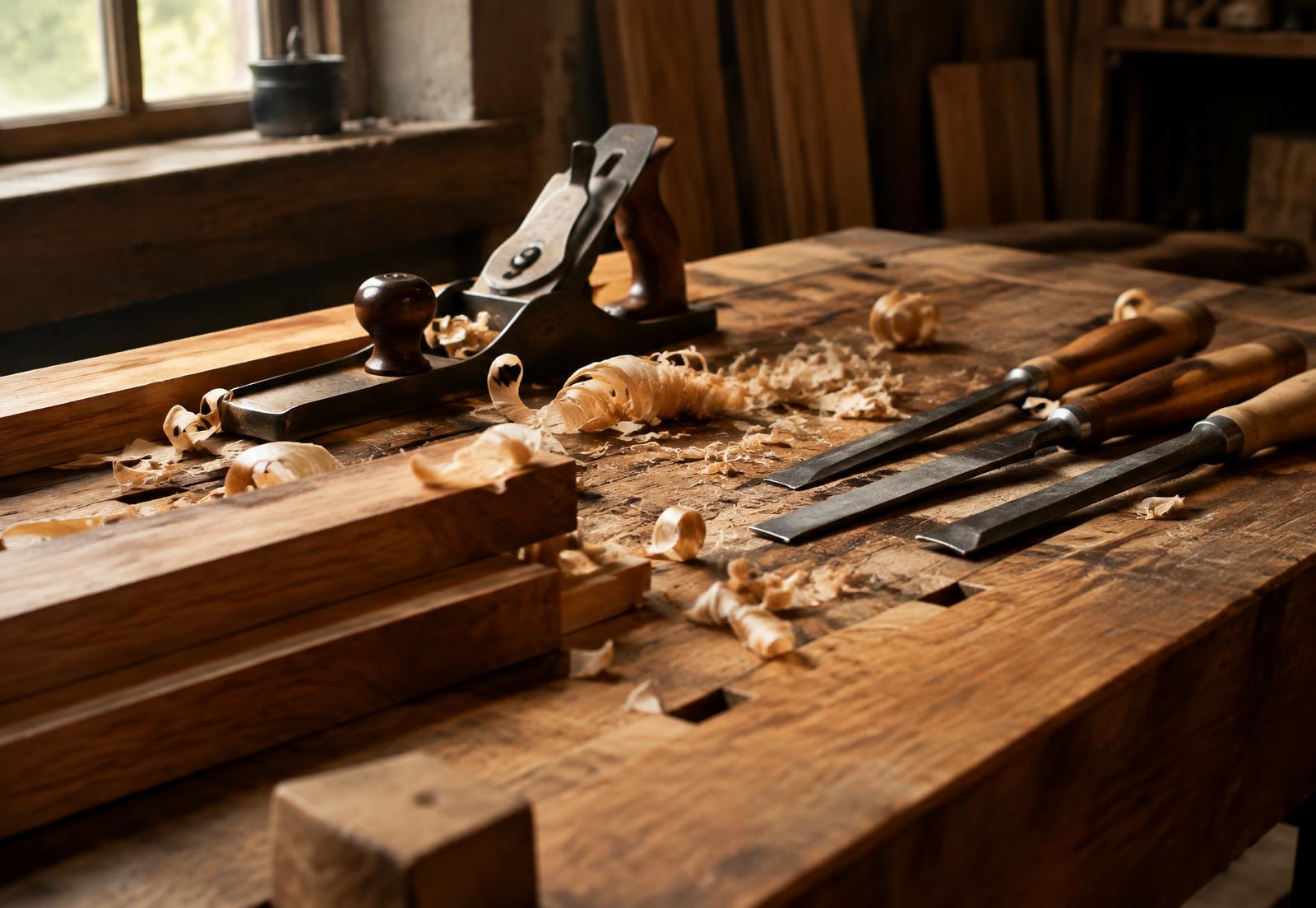 Woodworking hand plane, chisels, and oak boards with wood shavings on a workbench